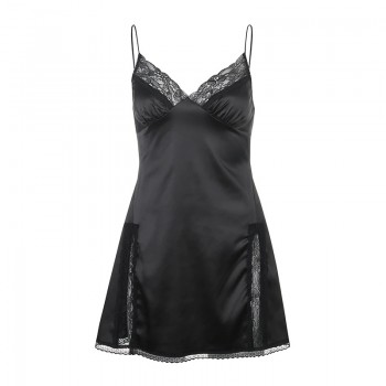 V Neck Satin Strap Sexy Black Dress Women Lace Patchwork Backless Summer Dress Mini Side Split